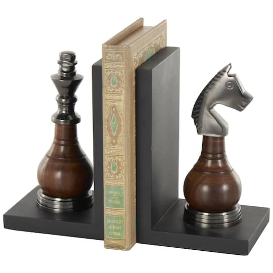 Decorative Dark Brown & Silver Chess Bookend Set